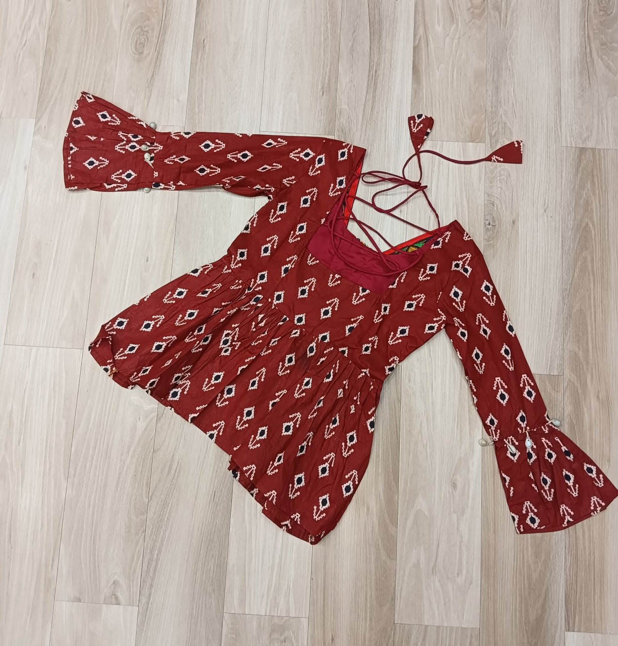 Brown Cotton Printed Top with Kutchi Patchwork & Dori Closure – Stitched