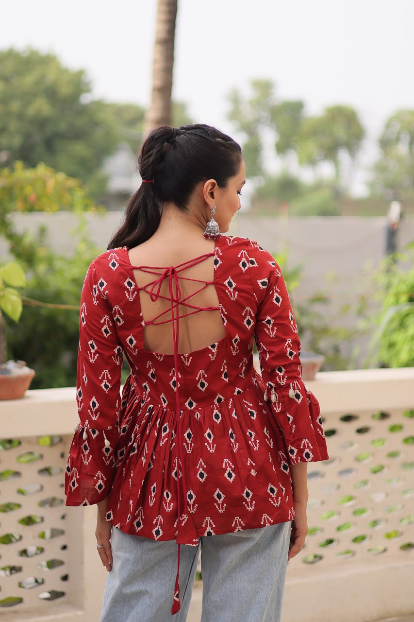 Brown Cotton Printed Top with Kutchi Patchwork & Dori Closure – Stitched