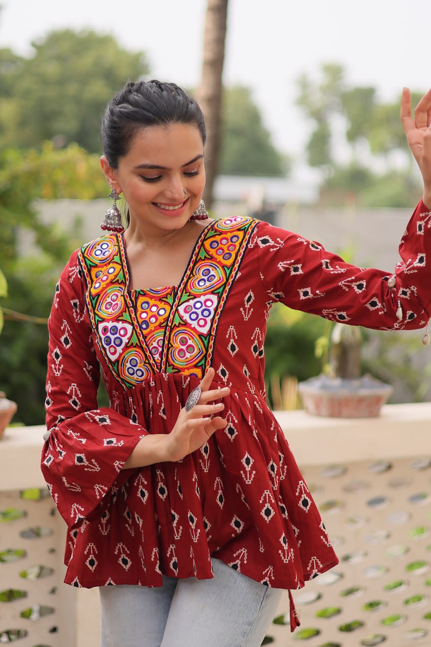 Brown Cotton Printed Top with Kutchi Patchwork & Dori Closure – Stitched