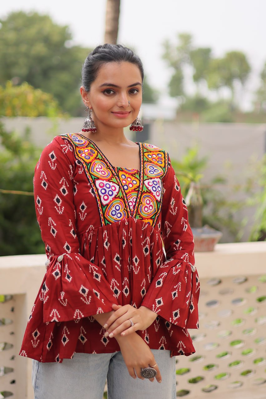 Brown Cotton Printed Top with Kutchi Patchwork & Dori Closure – Stitched