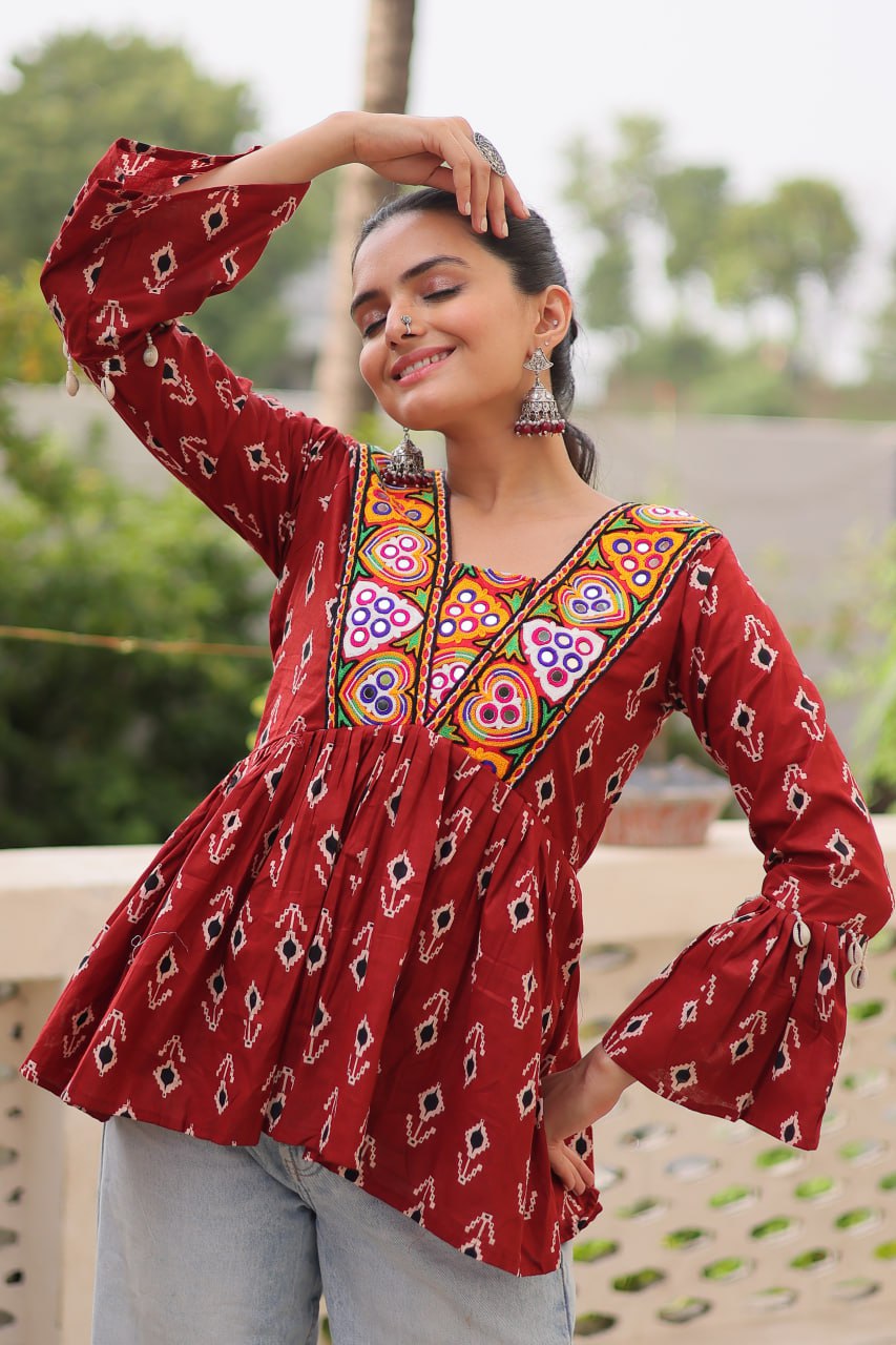 Brown Cotton Printed Top with Kutchi Patchwork & Dori Closure – Stitched