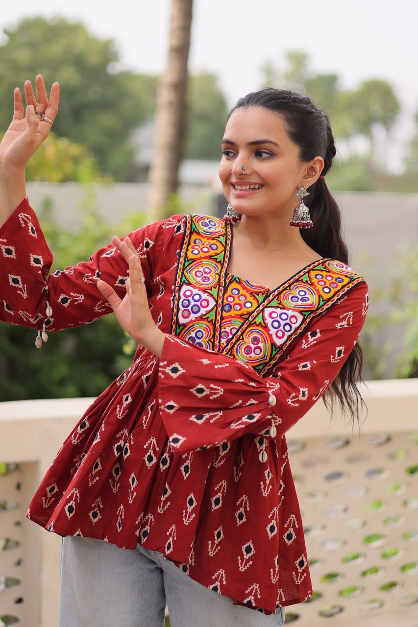 Brown Cotton Printed Top with Kutchi Patchwork & Dori Closure – Stitched