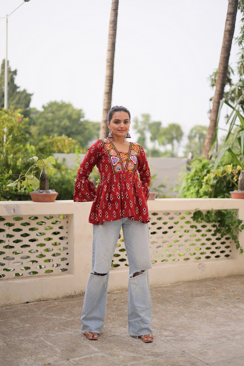 Brown Cotton Printed Top with Kutchi Patchwork & Dori Closure – Stitched