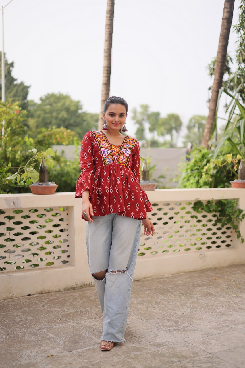 Brown Cotton Printed Top with Kutchi Patchwork & Dori Closure – Stitched
