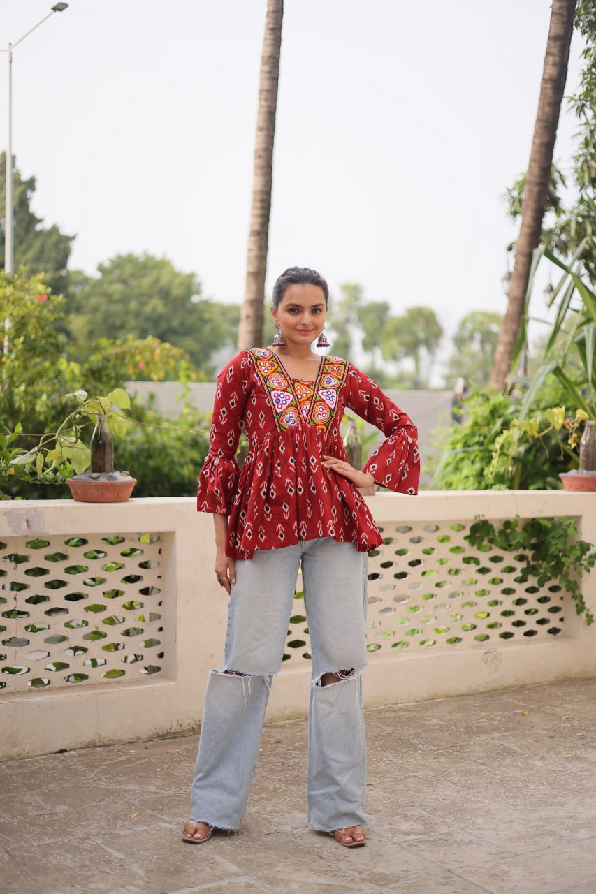 Brown Cotton Printed Top with Kutchi Patchwork & Dori Closure – Stitched
