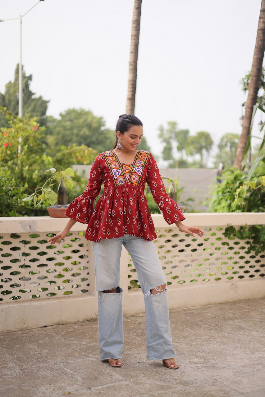 Brown Cotton Printed Top with Kutchi Patchwork & Dori Closure – Stitched