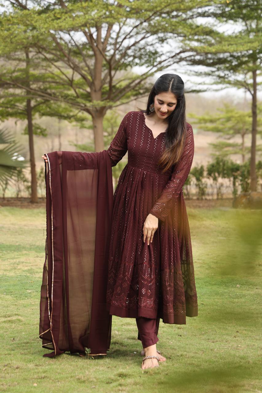 Brown Designer Georgette Anarkali Suit with 3mm Sequins Embroidery & 3.5+ Meter Flair
