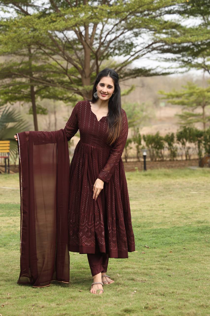 Brown Designer Georgette Anarkali Suit with 3mm Sequins Embroidery & 3.5+ Meter Flair