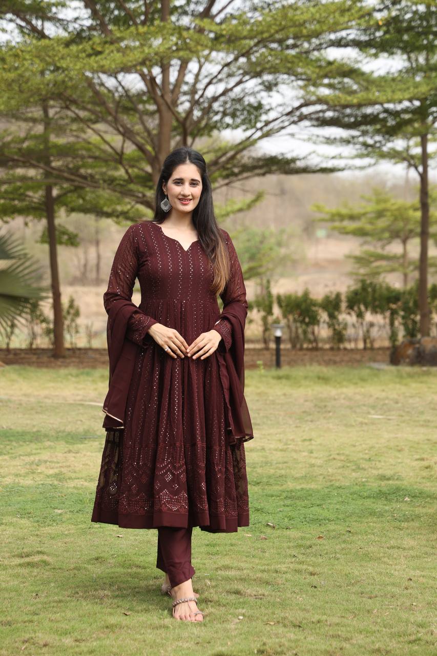 Brown Designer Georgette Anarkali Suit with 3mm Sequins Embroidery & 3.5+ Meter Flair
