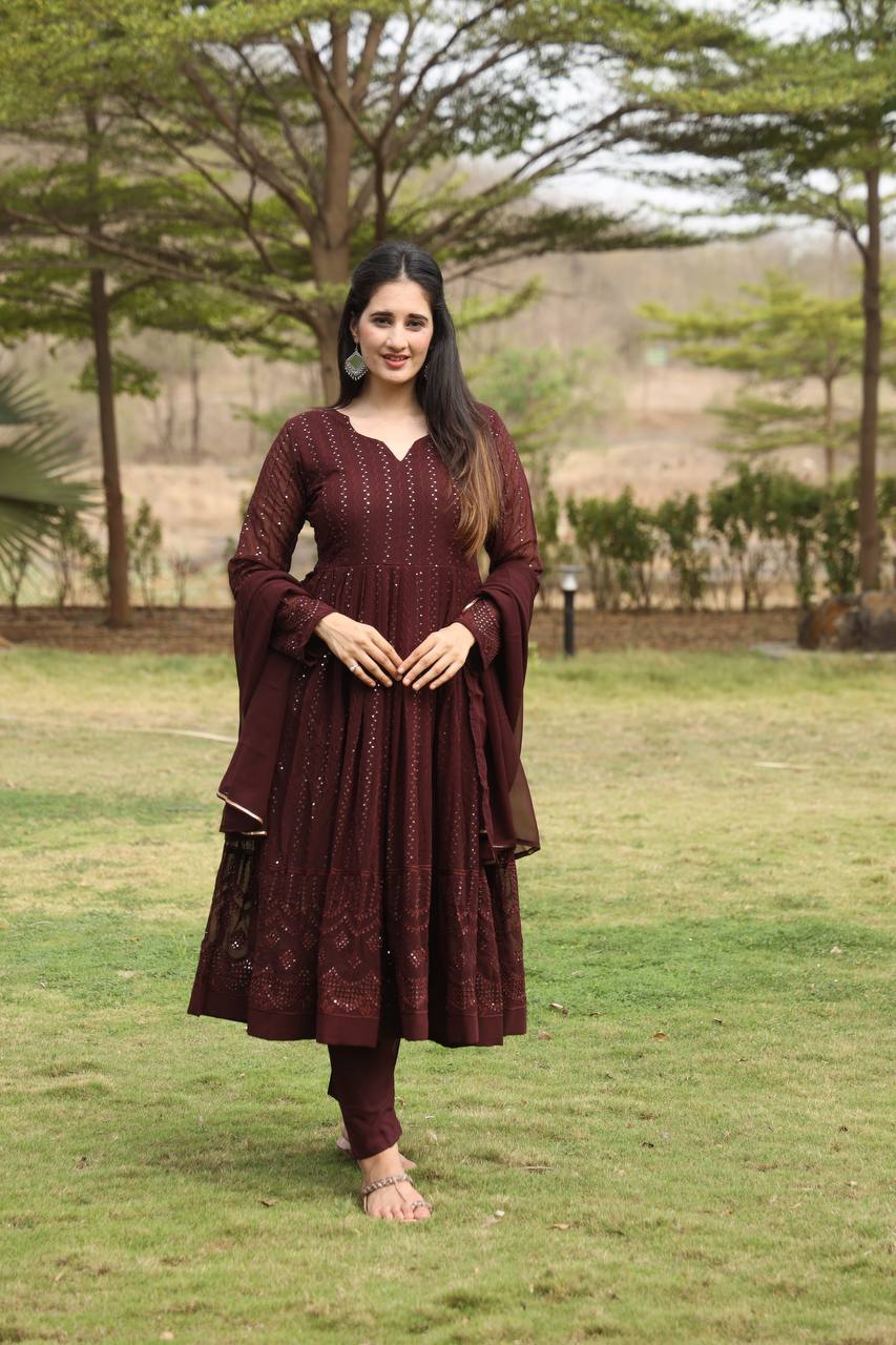 Brown Designer Georgette Anarkali Suit with 3mm Sequins Embroidery & 3.5+ Meter Flair