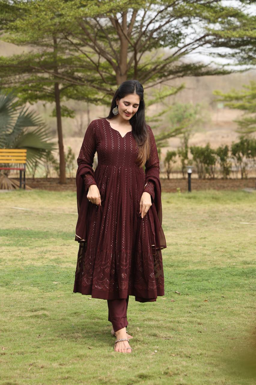 Brown Designer Georgette Anarkali Suit with 3mm Sequins Embroidery & 3.5+ Meter Flair