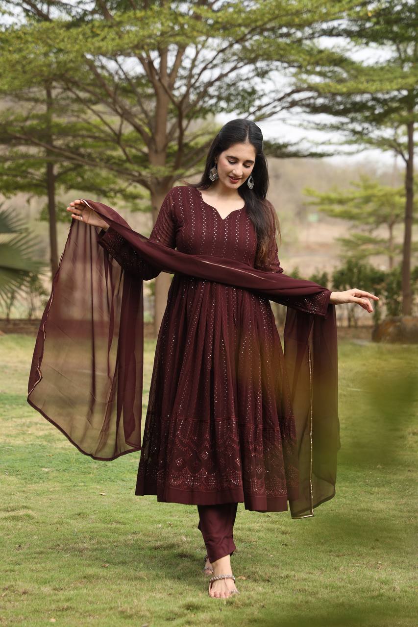 Brown Designer Georgette Anarkali Suit with 3mm Sequins Embroidery & 3.5+ Meter Flair