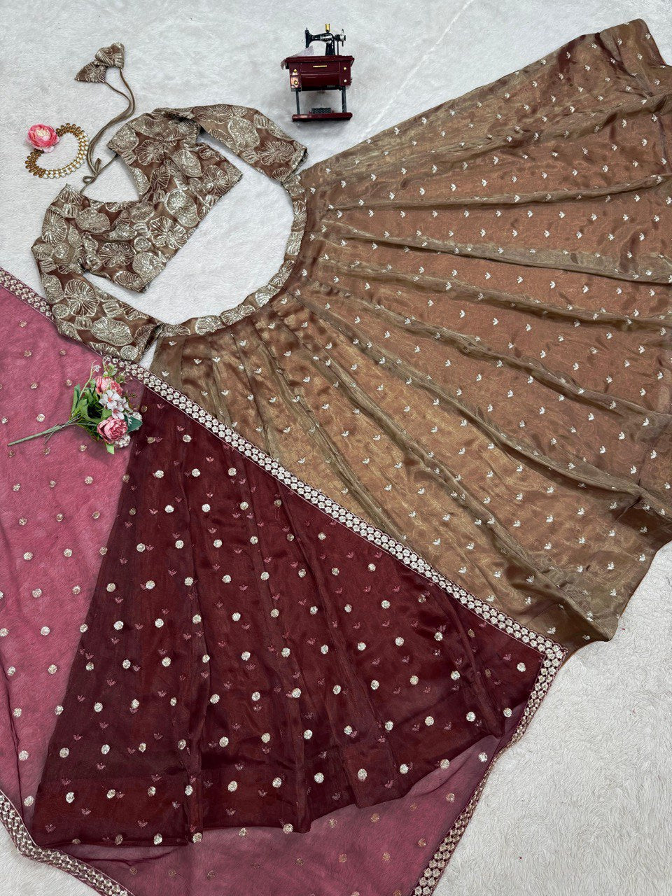 Brown Designer Jimi Choo Semi-Stitched Lehenga Choli Set with Butterfly Net Dupatta