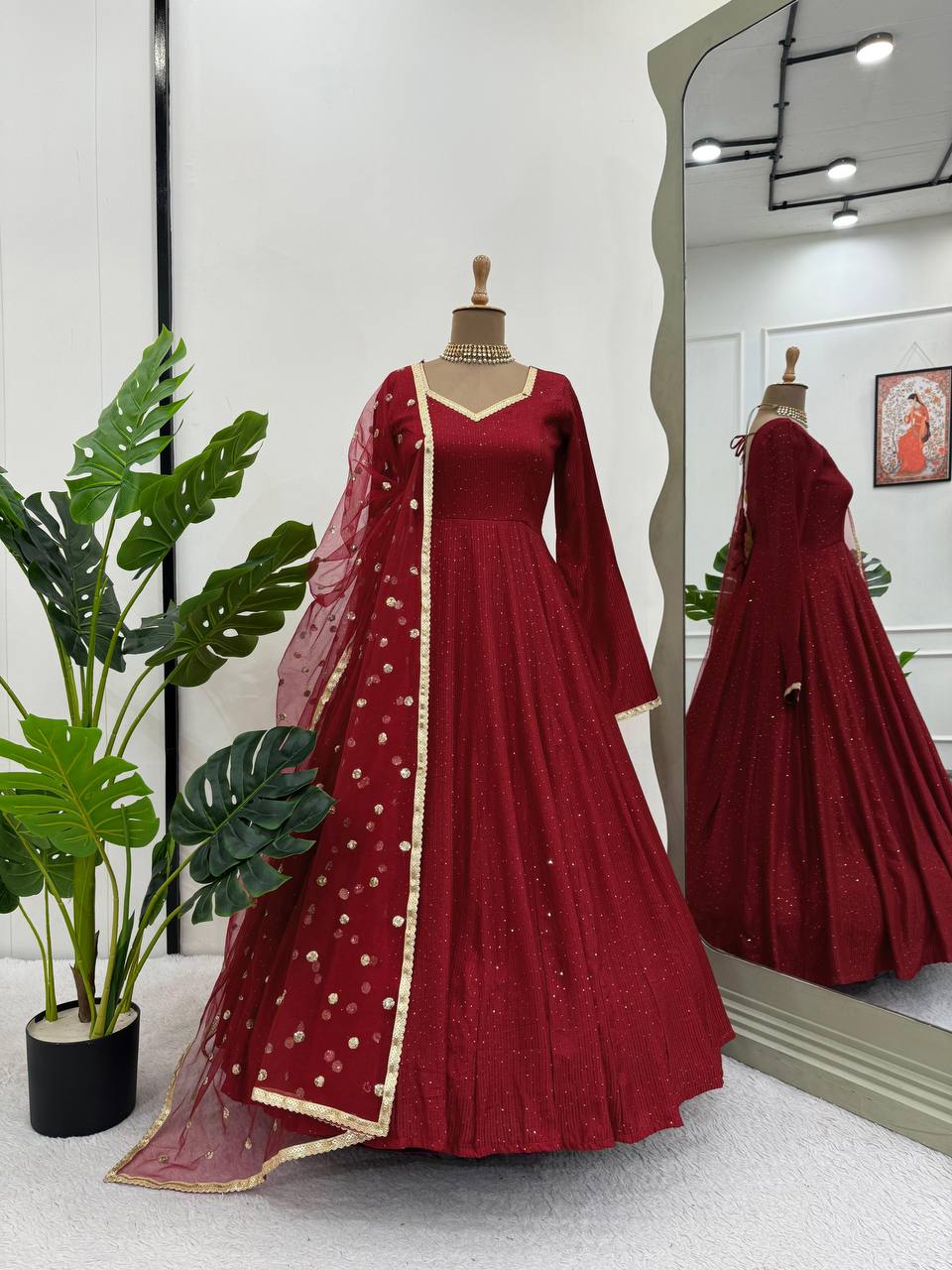 Brown Elegant Dola Silk Gown Set with Dupatta