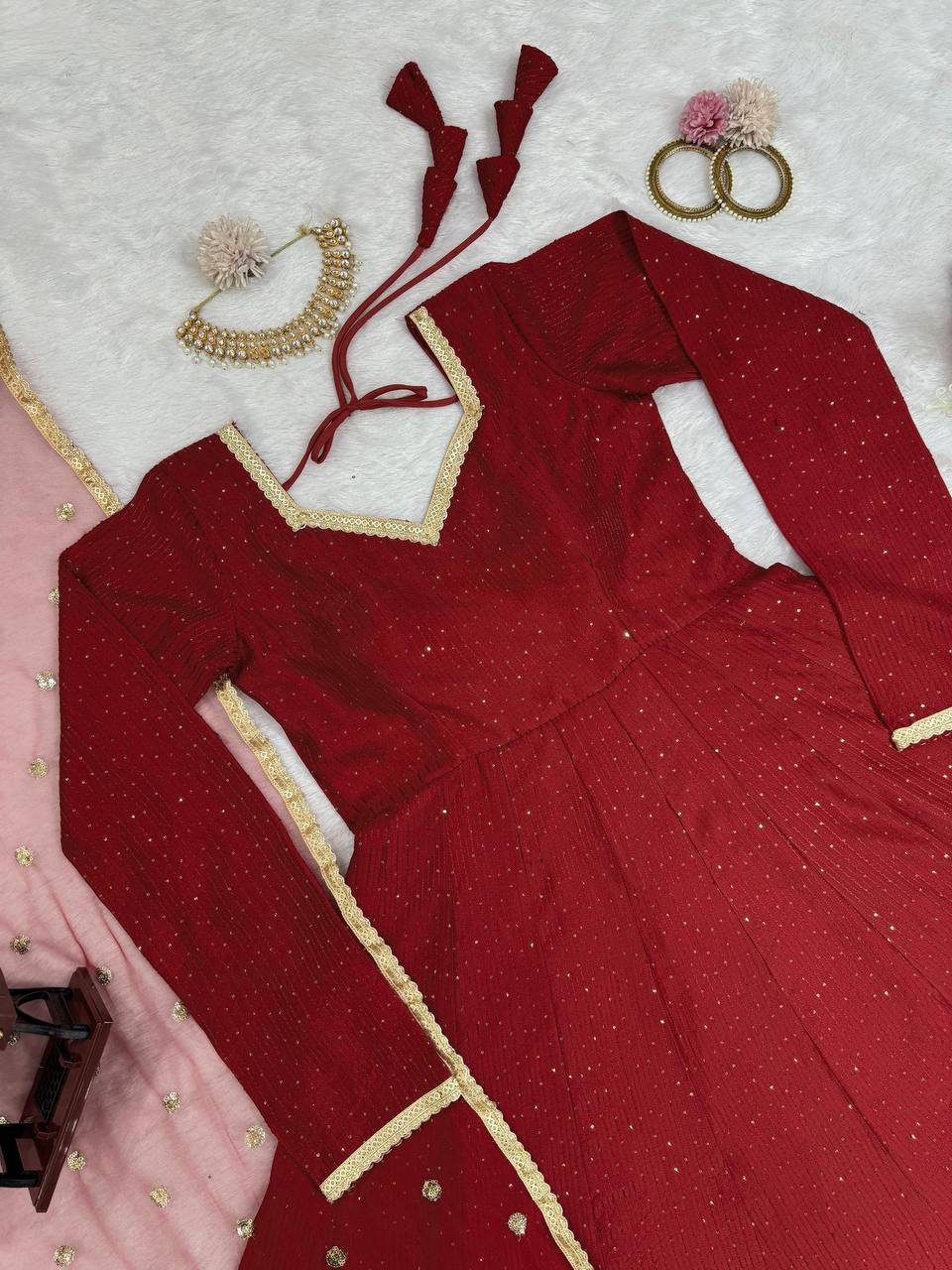Brown Elegant Dola Silk Gown Set with Dupatta