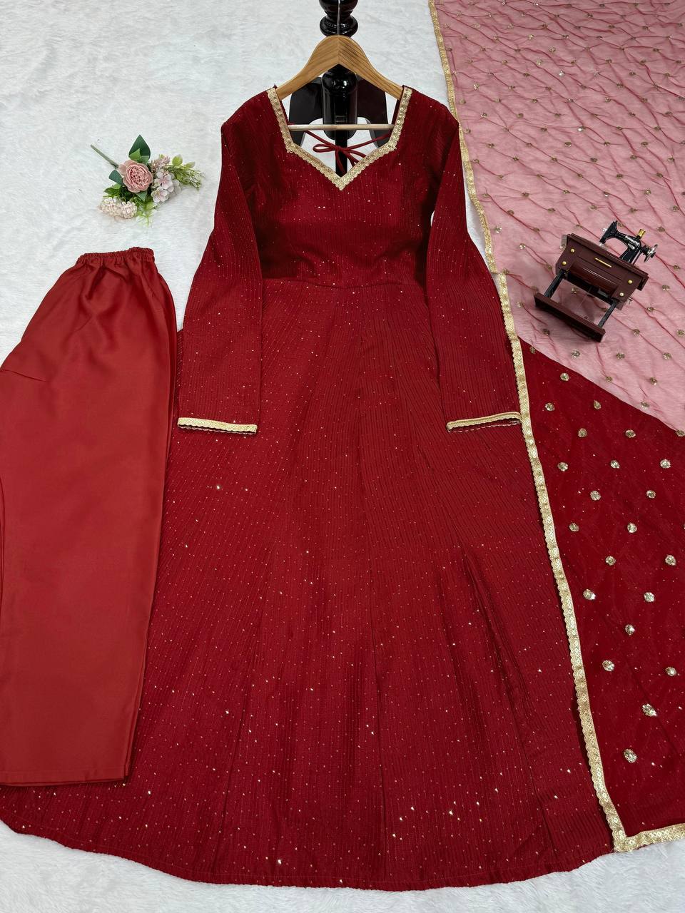 Brown Elegant Dola Silk Gown Set with Dupatta