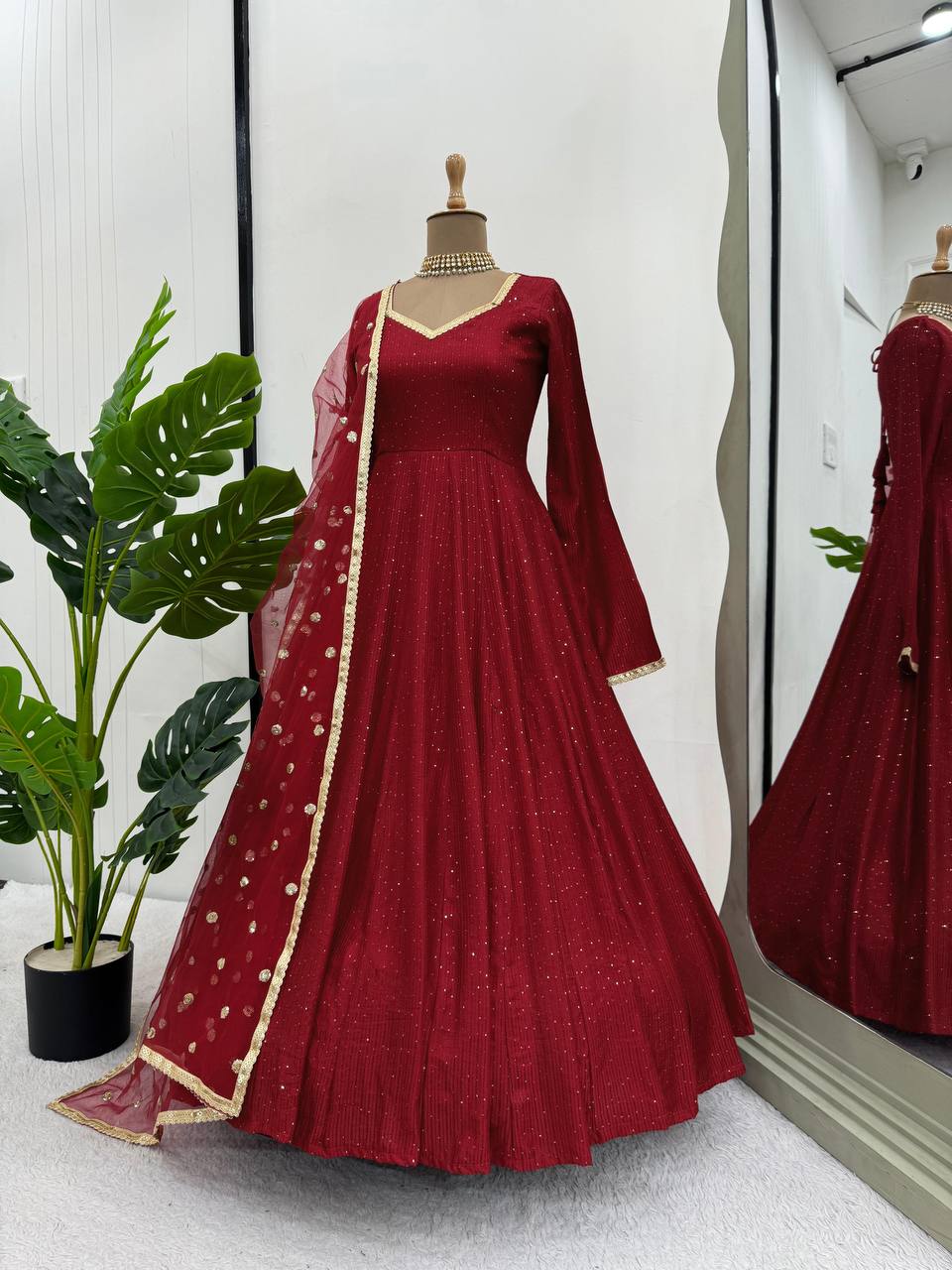 Brown Elegant Dola Silk Gown Set with Dupatta