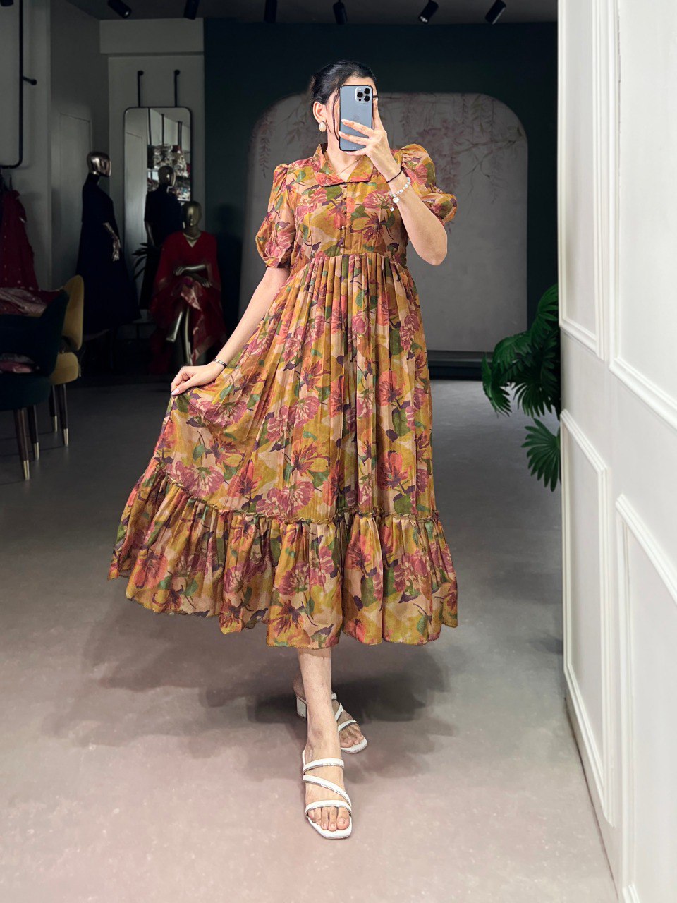 Brown Elegant Floral Organza Stitched Frock with 4-Meter Flair & Micro Crepe Lining