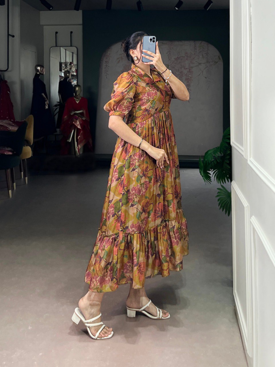 Brown Elegant Floral Organza Stitched Frock with 4-Meter Flair & Micro Crepe Lining