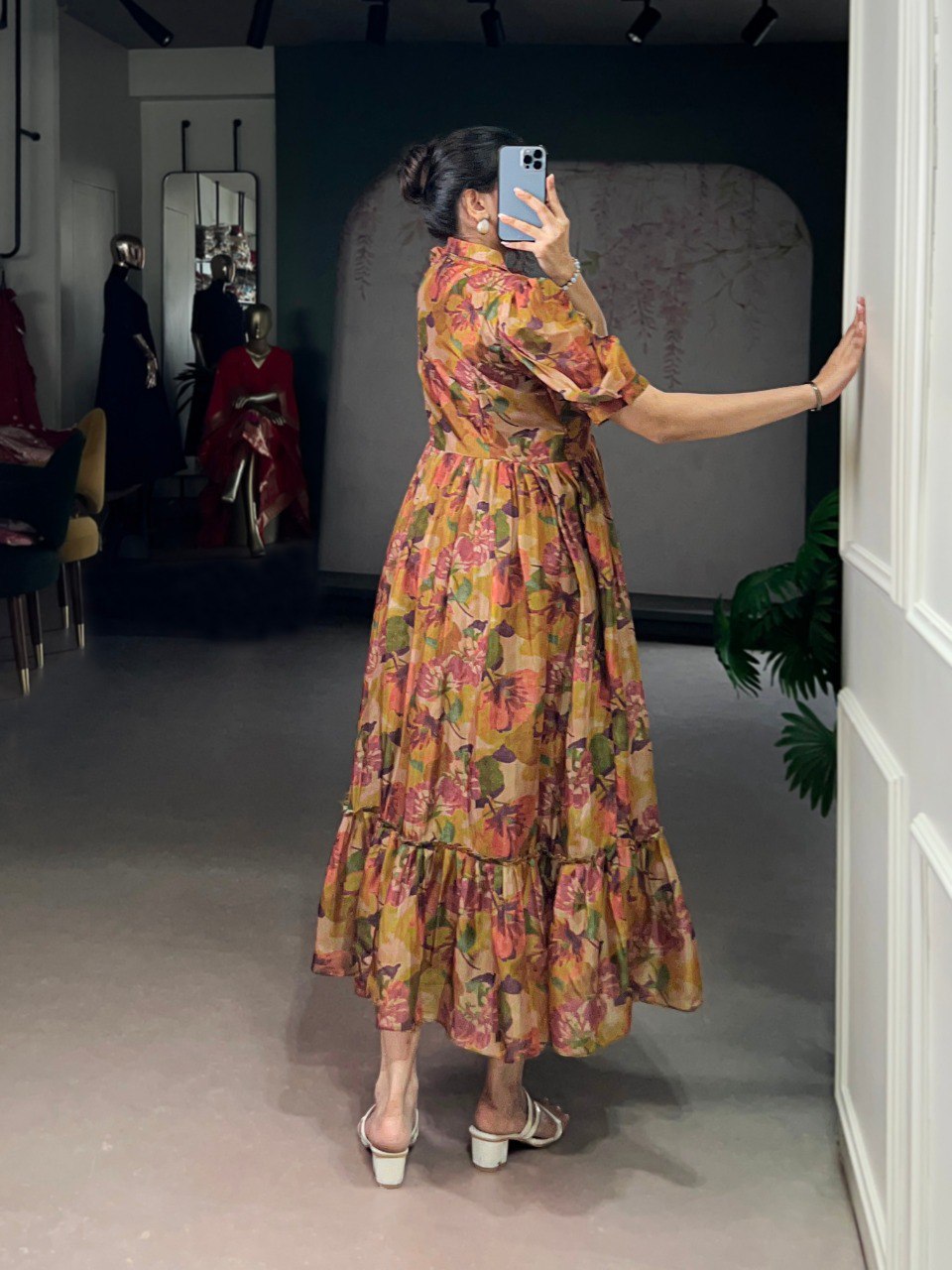 Brown Elegant Floral Organza Stitched Frock with 4-Meter Flair & Micro Crepe Lining