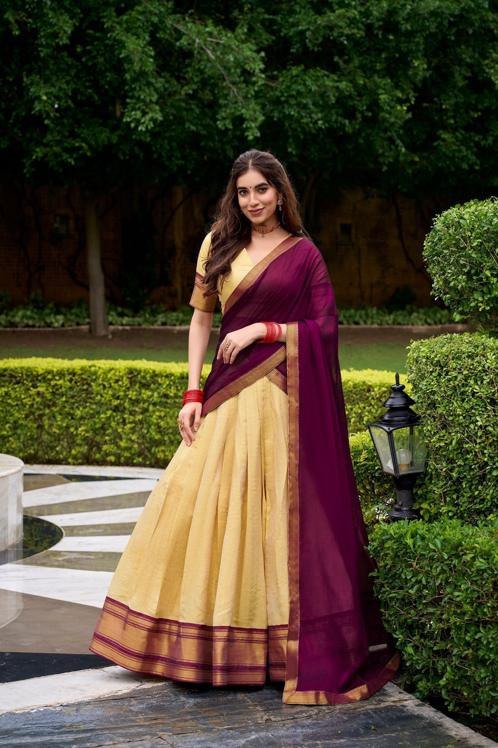 Cream Elegant Kanchipuram Lehenga with Zari Weaving Work – Full-Stitched Lehenga & Blouse with Georgette Zari Dupatta