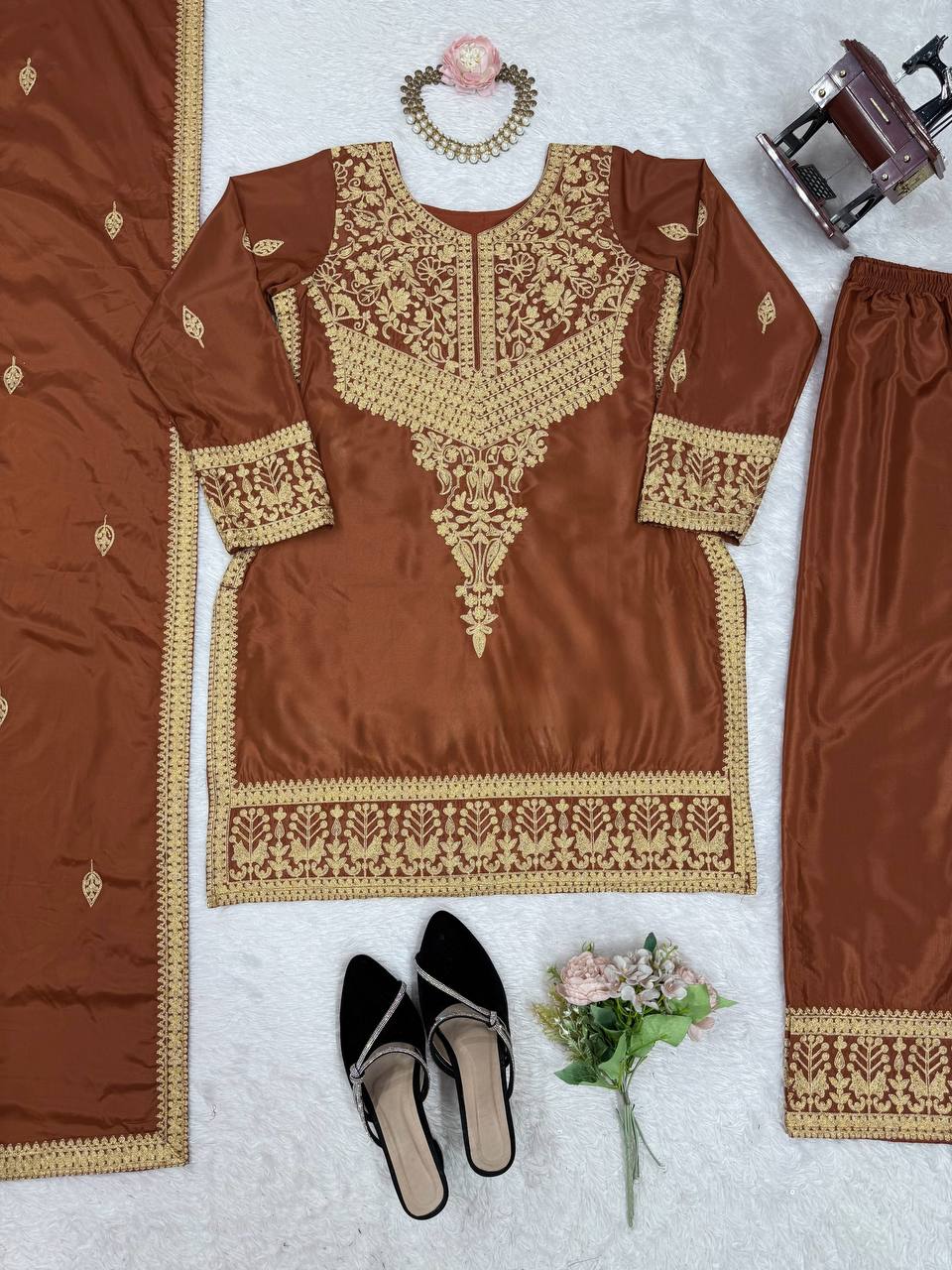 Brown Elegant Natural Crepe Chinestitch Plazo Set with Dupatta – Fully Stitched