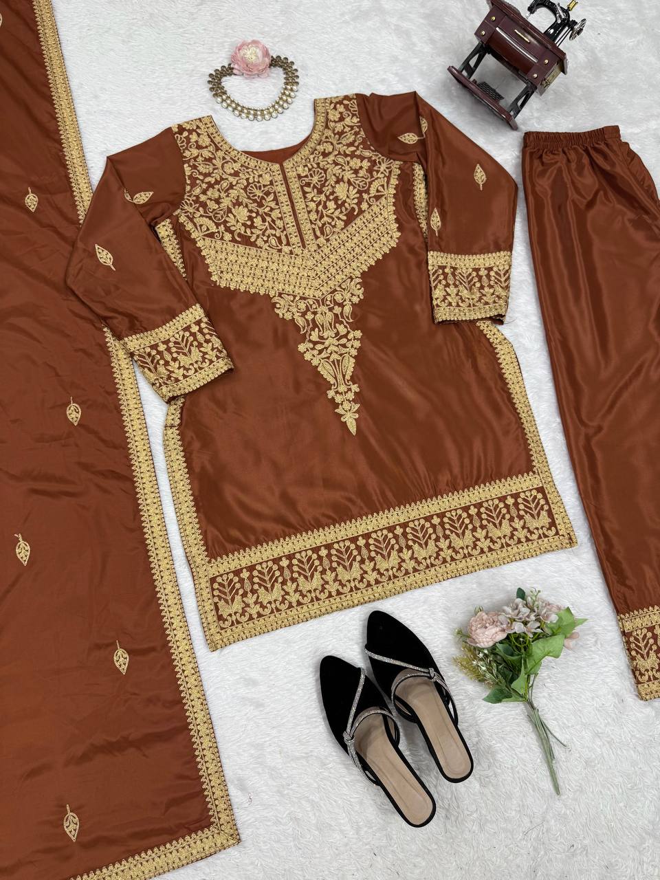 Brown Elegant Natural Crepe Chinestitch Plazo Set with Dupatta – Fully Stitched