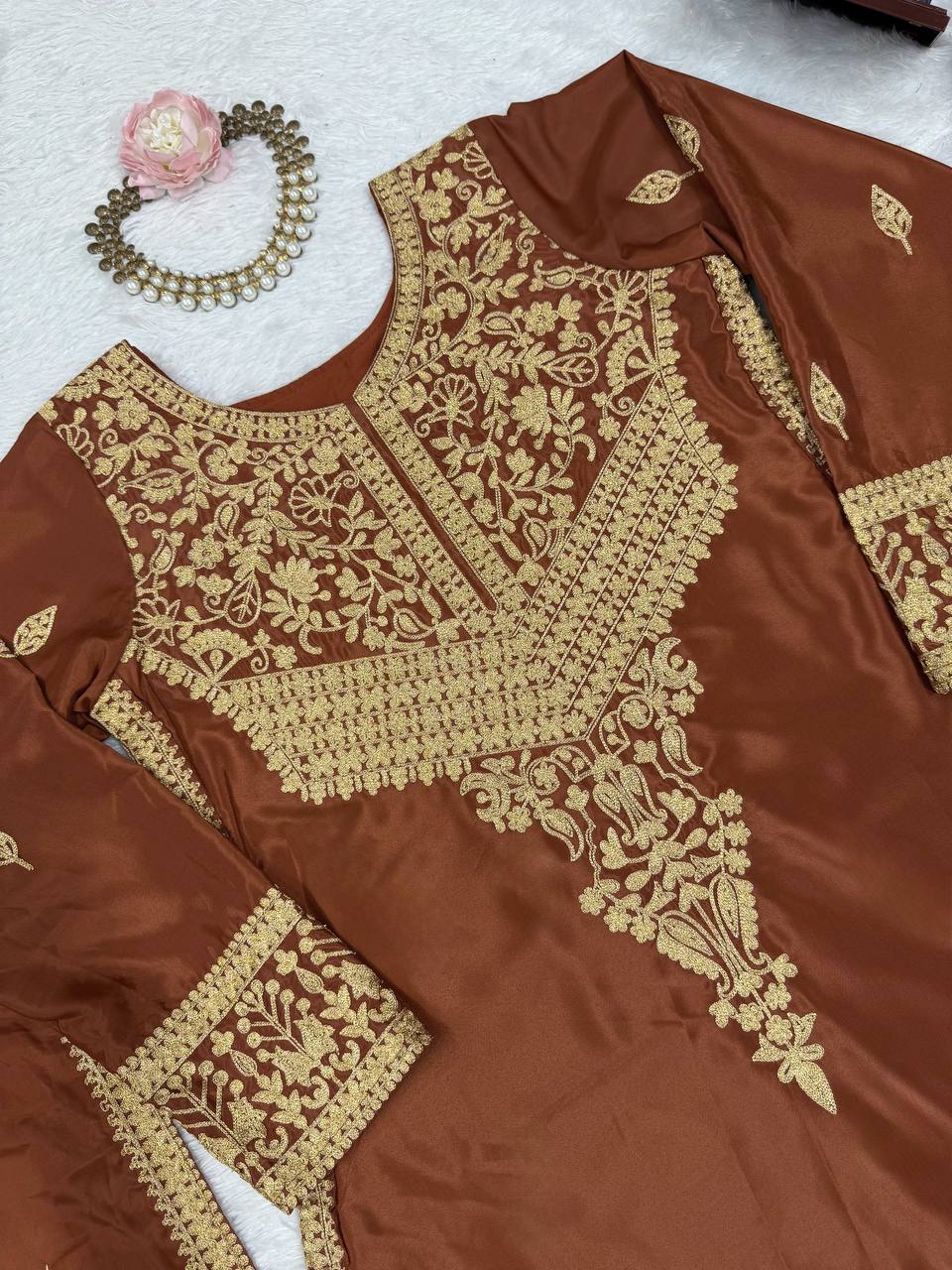 Brown Elegant Natural Crepe Chinestitch Plazo Set with Dupatta – Fully Stitched