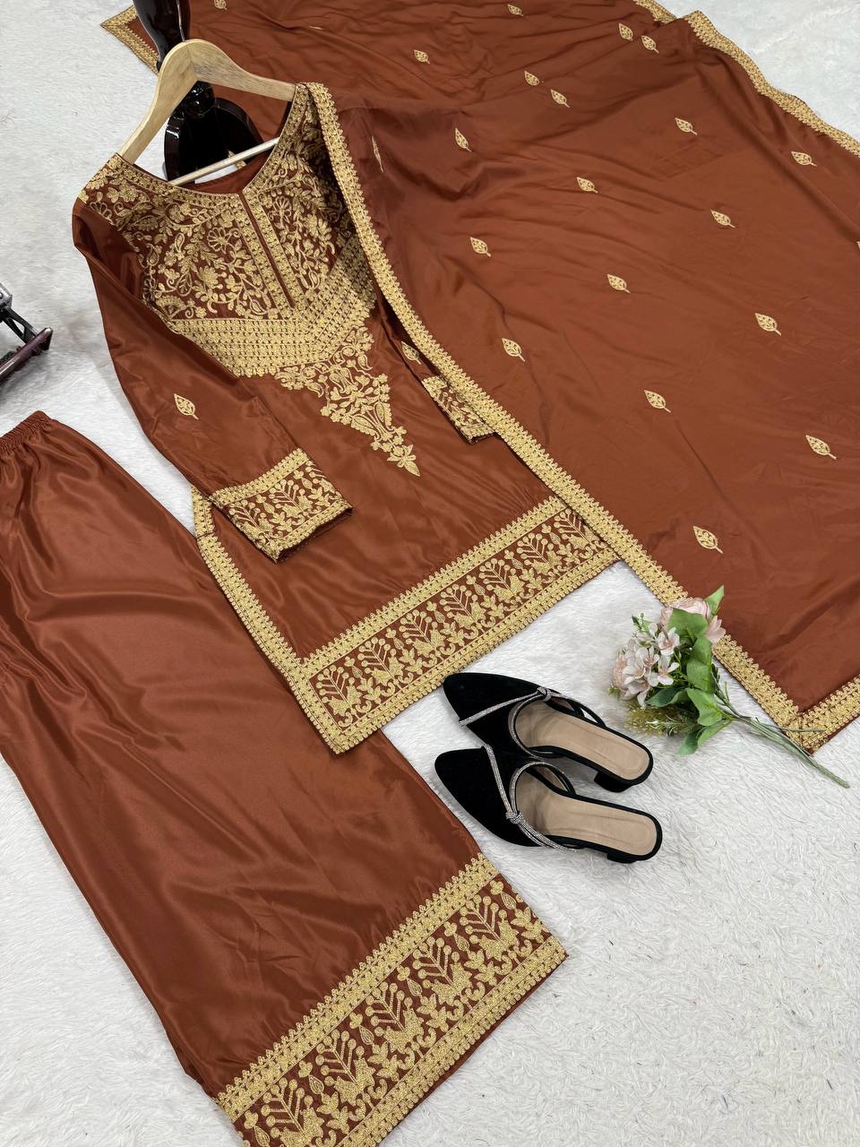Brown Elegant Natural Crepe Chinestitch Plazo Set with Dupatta – Fully Stitched