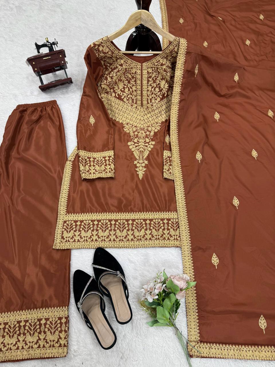 Brown Elegant Natural Crepe Chinestitch Plazo Set with Dupatta – Fully Stitched