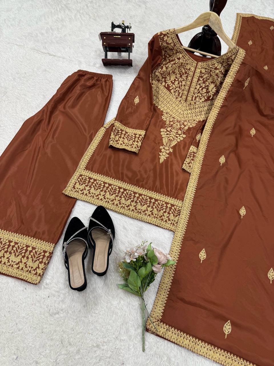 Brown Elegant Natural Crepe Chinestitch Plazo Set with Dupatta – Fully Stitched