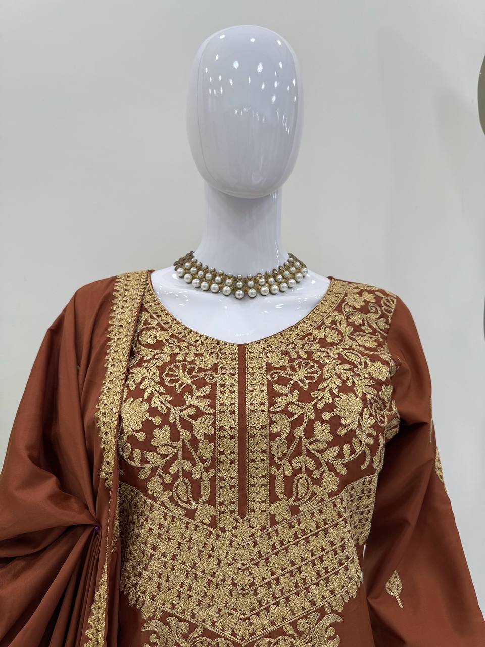Brown Elegant Natural Crepe Chinestitch Plazo Set with Dupatta – Fully Stitched