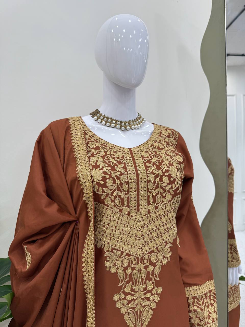 Brown Elegant Natural Crepe Chinestitch Plazo Set with Dupatta – Fully Stitched
