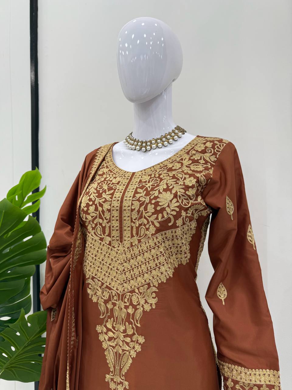 Brown Elegant Natural Crepe Chinestitch Plazo Set with Dupatta – Fully Stitched