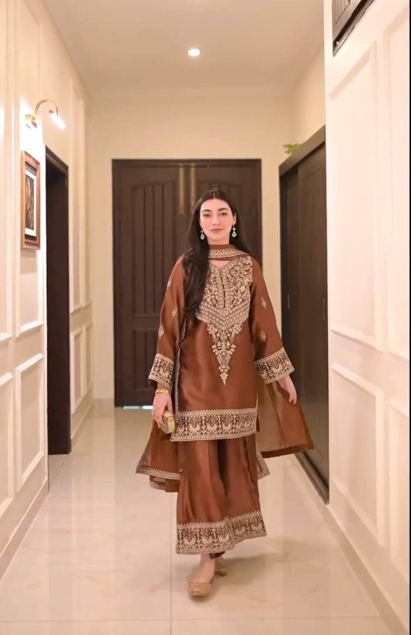 Brown Elegant Natural Crepe Chinestitch Plazo Set with Dupatta – Fully Stitched