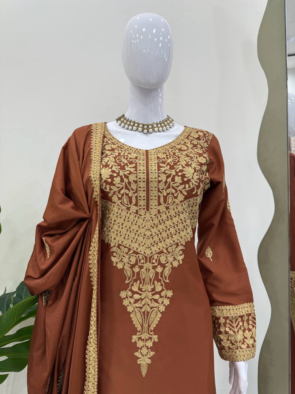 Brown Elegant Natural Crepe Chinestitch Plazo Set with Dupatta – Fully Stitched