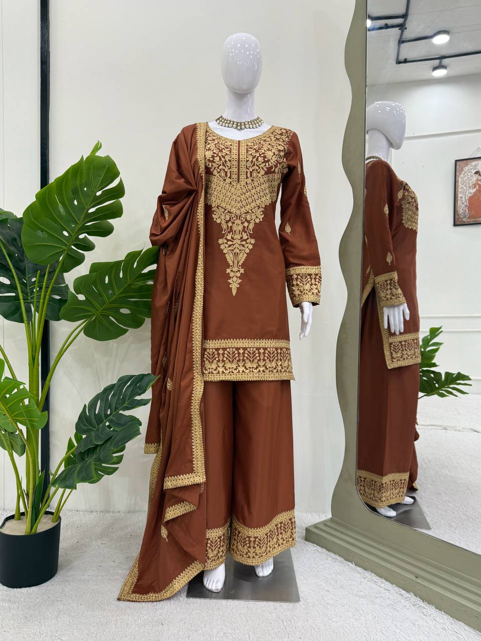 Brown Elegant Natural Crepe Chinestitch Plazo Set with Dupatta – Fully Stitched
