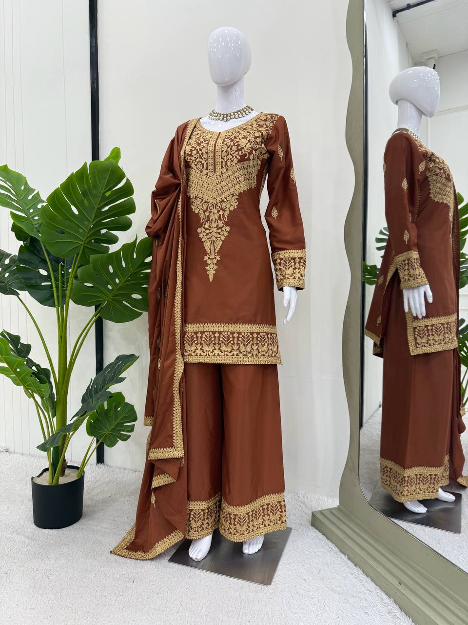 Brown Elegant Natural Crepe Chinestitch Plazo Set with Dupatta – Fully Stitched