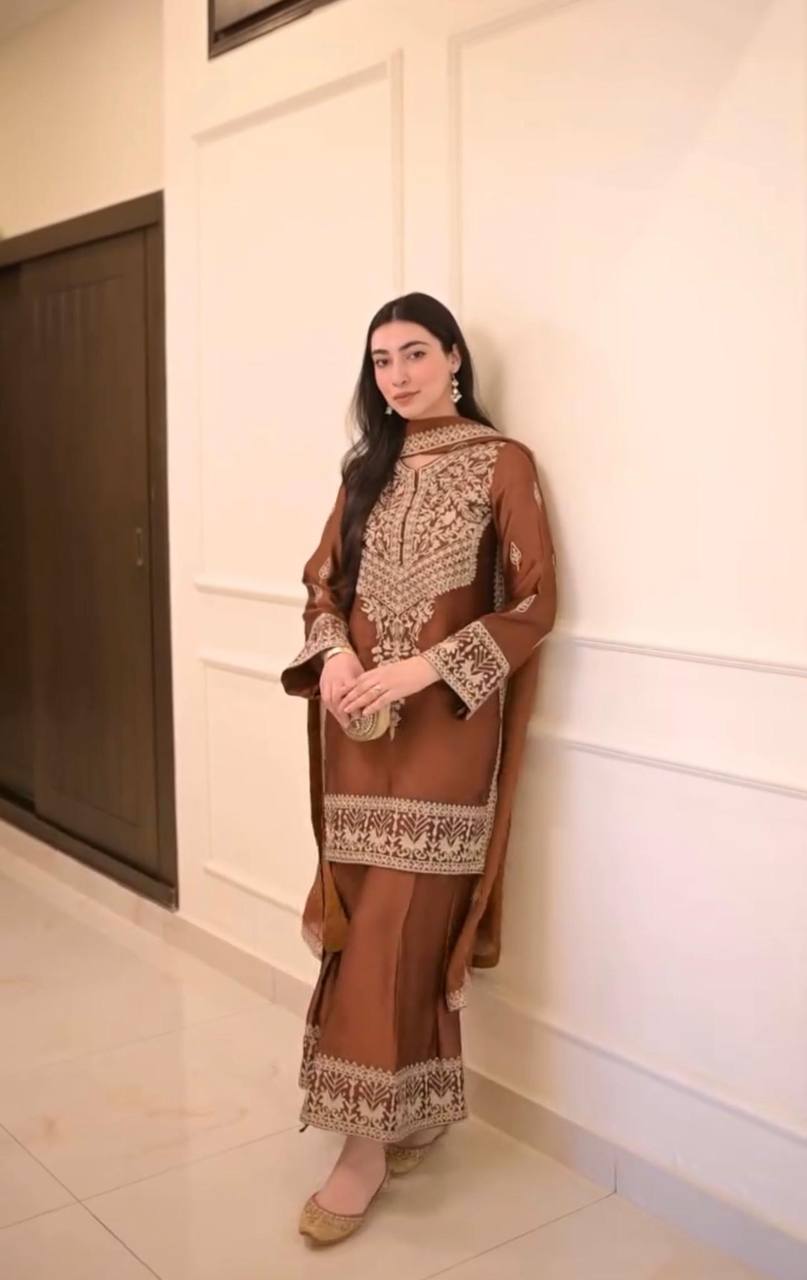 Brown Elegant Natural Crepe Chinestitch Plazo Set with Dupatta – Fully Stitched