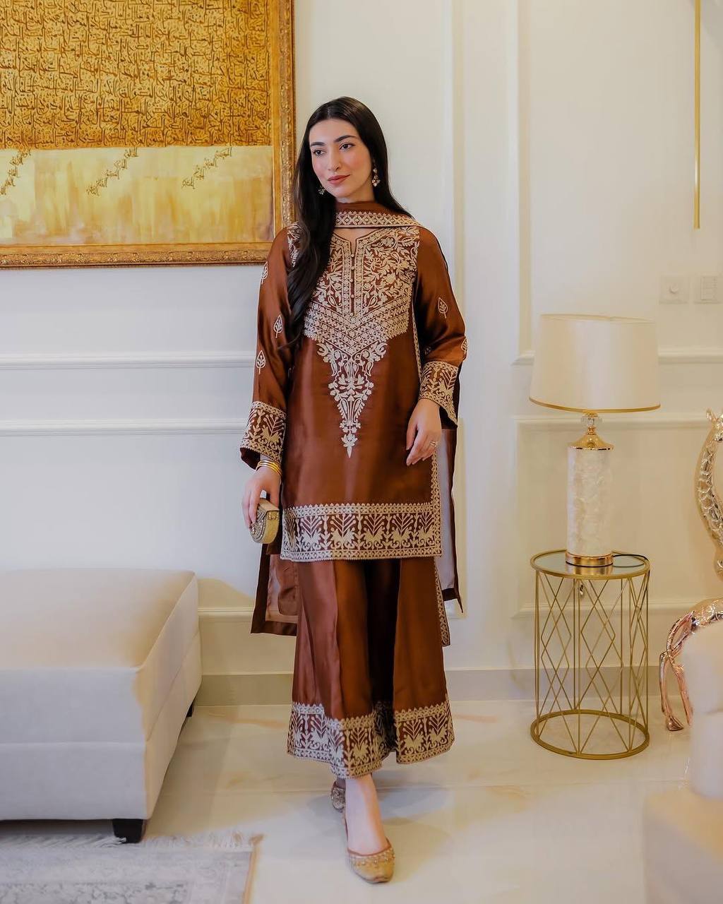 Brown Elegant Natural Crepe Chinestitch Plazo Set with Dupatta – Fully Stitched