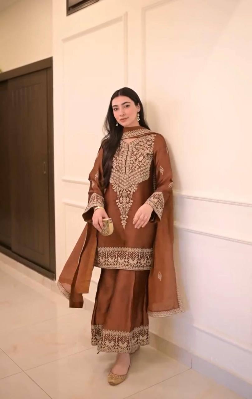 Brown Elegant Natural Crepe Chinestitch Plazo Set with Dupatta – Fully Stitched