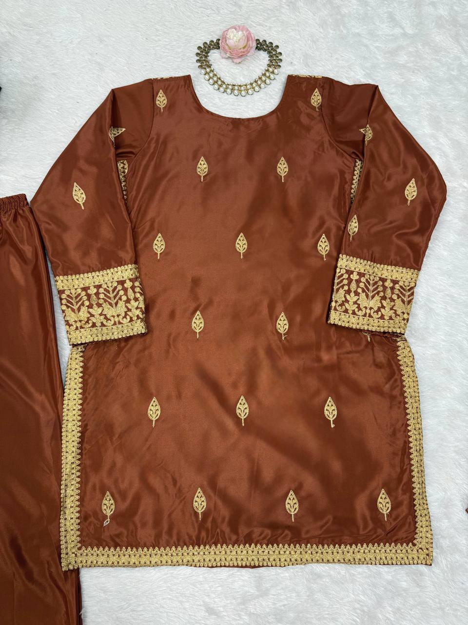 Brown Elegant Natural Crepe Chinestitch Plazo Set with Dupatta – Fully Stitched