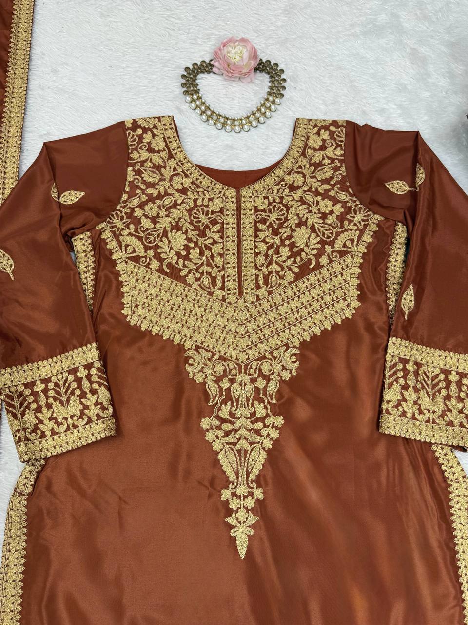 Brown Elegant Natural Crepe Chinestitch Plazo Set with Dupatta – Fully Stitched