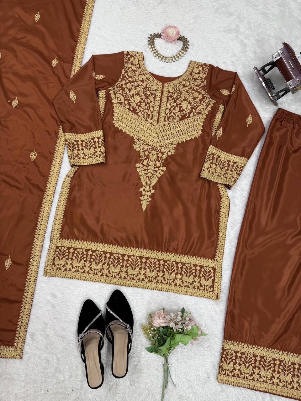 Brown Elegant Natural Crepe Chinestitch Plazo Set with Dupatta – Fully Stitched