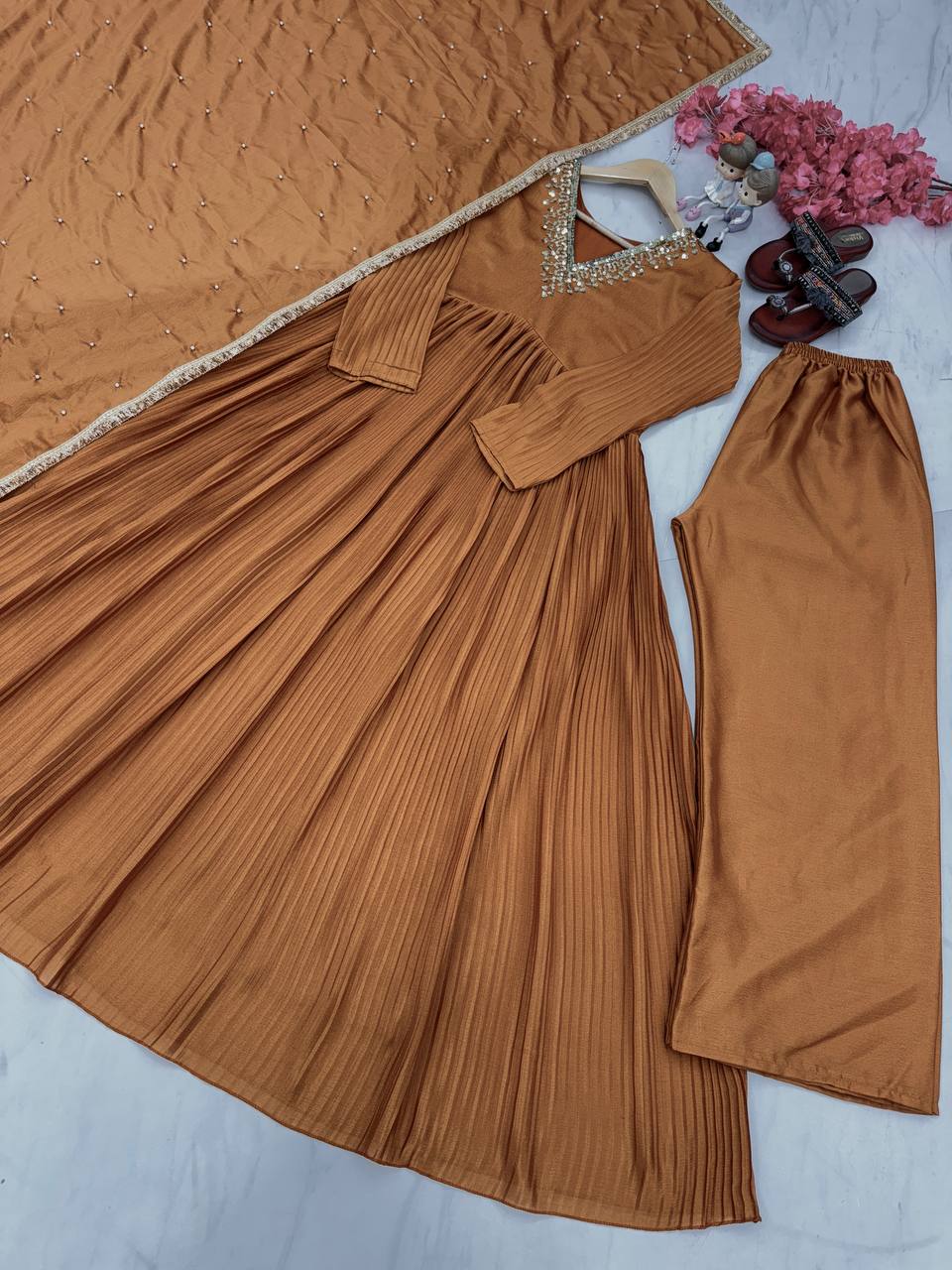 Brown Elegant Party Wear Alia Cut Anarkali Gown Set with Dupatta & Bottom