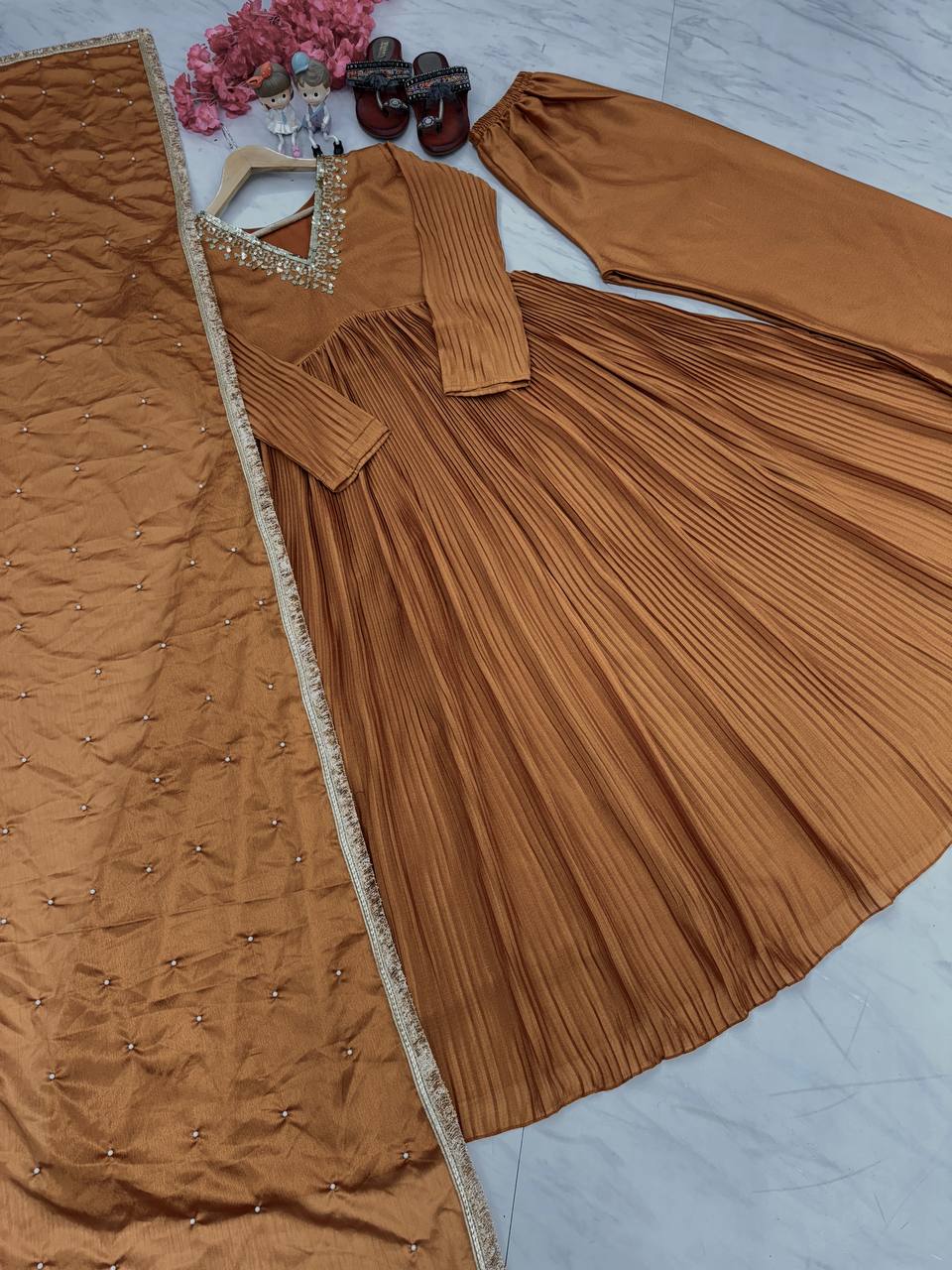 Brown Elegant Party Wear Alia Cut Anarkali Gown Set with Dupatta & Bottom