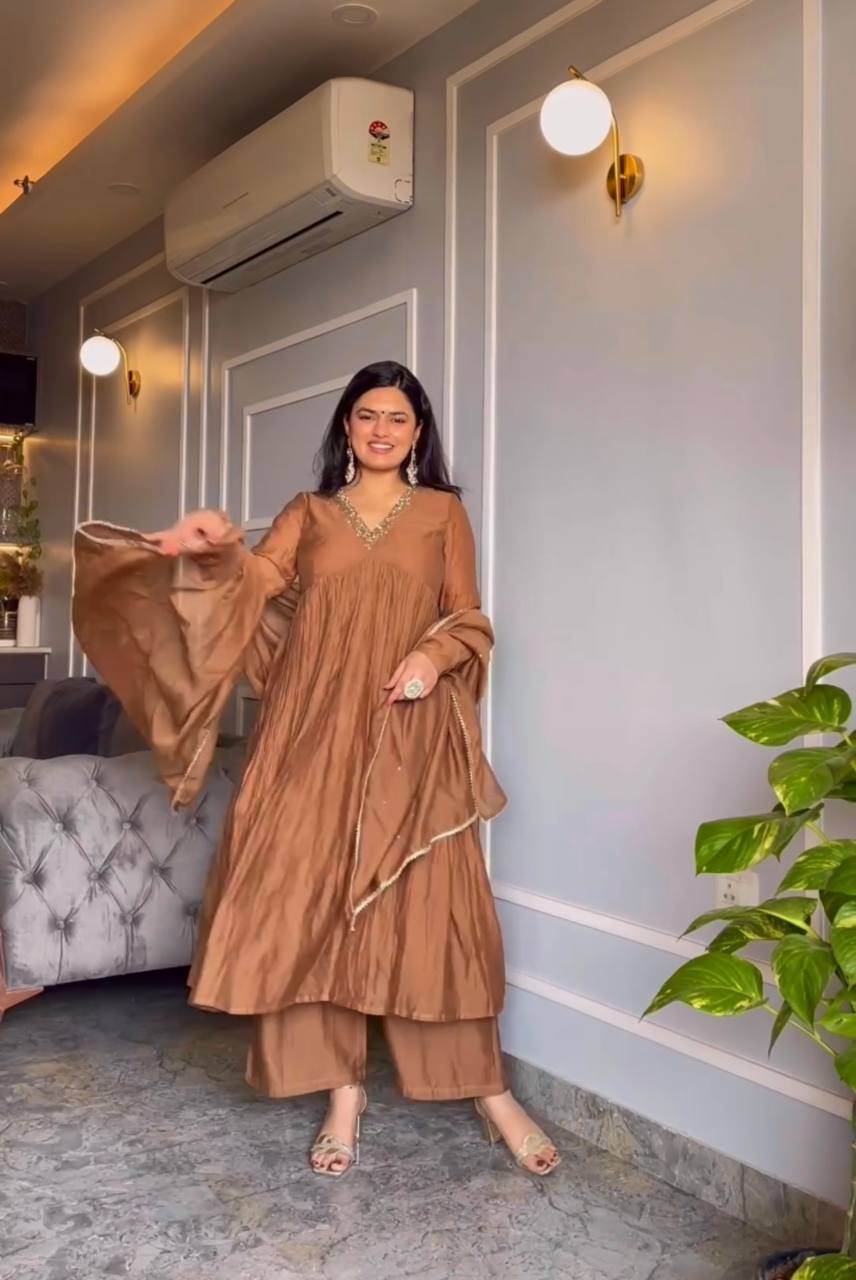 Brown Elegant Party Wear Alia Cut Anarkali Gown Set with Dupatta & Bottom