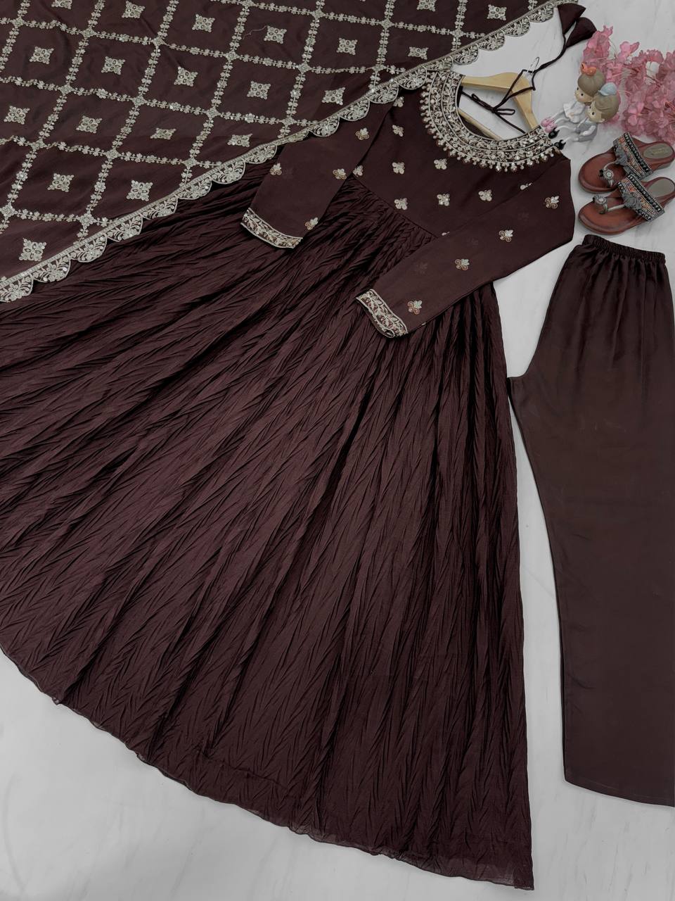 Brown Elegant Party Wear Chinon Silk Fancy Gown Set