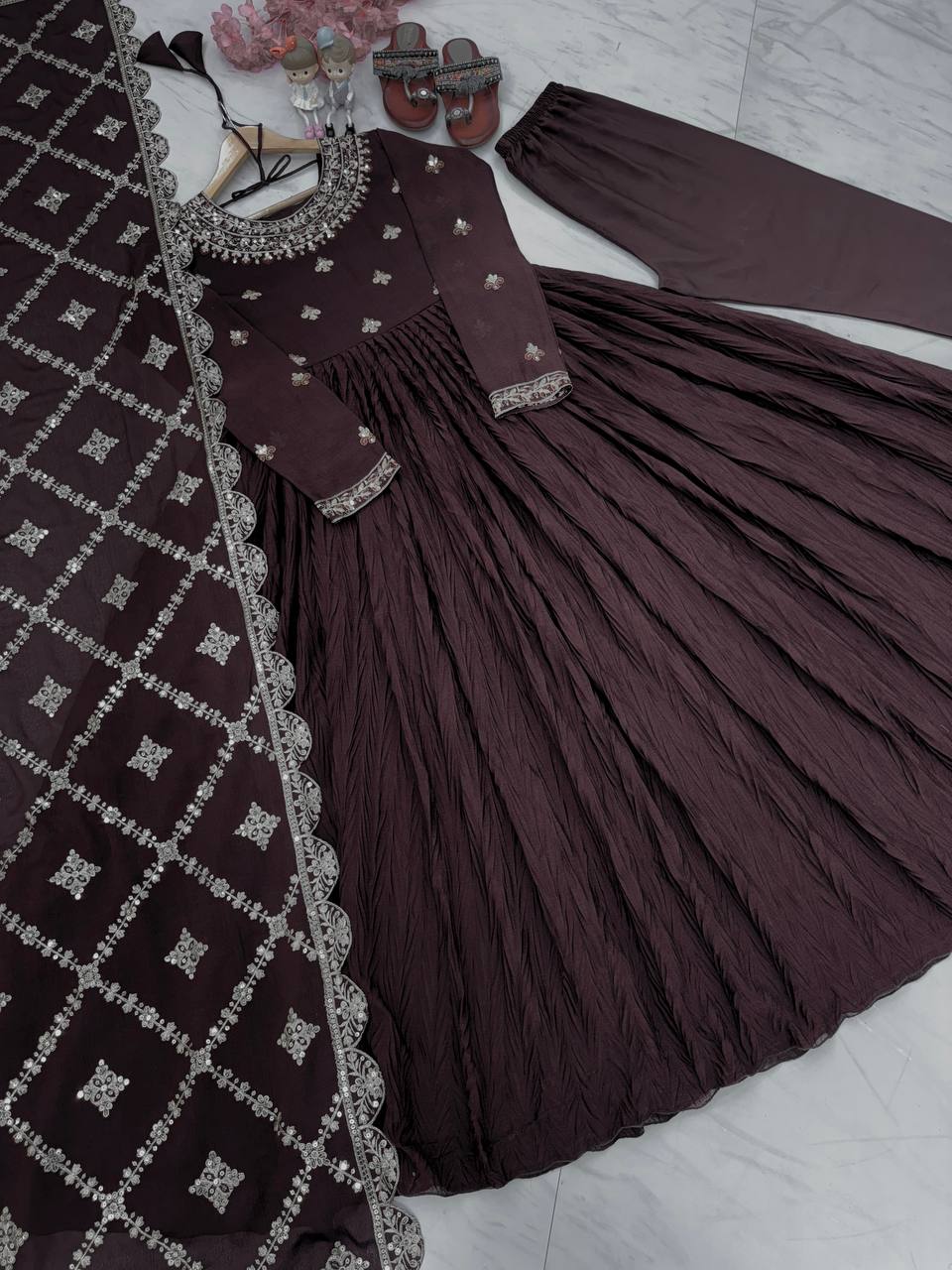 Brown Elegant Party Wear Chinon Silk Fancy Gown Set