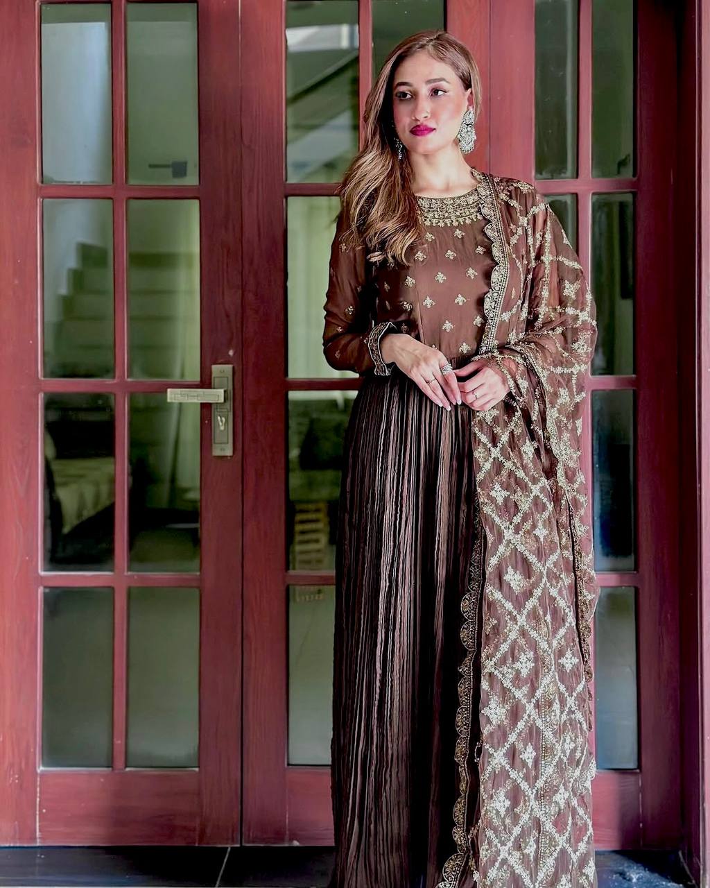 Brown Elegant Party Wear Chinon Silk Fancy Gown Set
